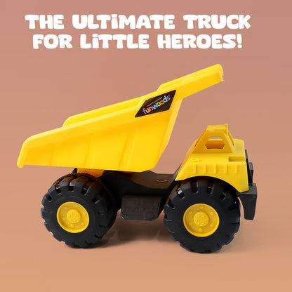 Brightly coloured friction-powered toy dump truck for kids' imaginative play