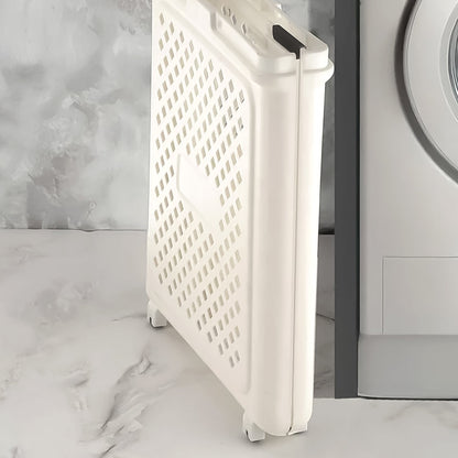 Laundry basket with wheels showcasing size scale and foldable feature