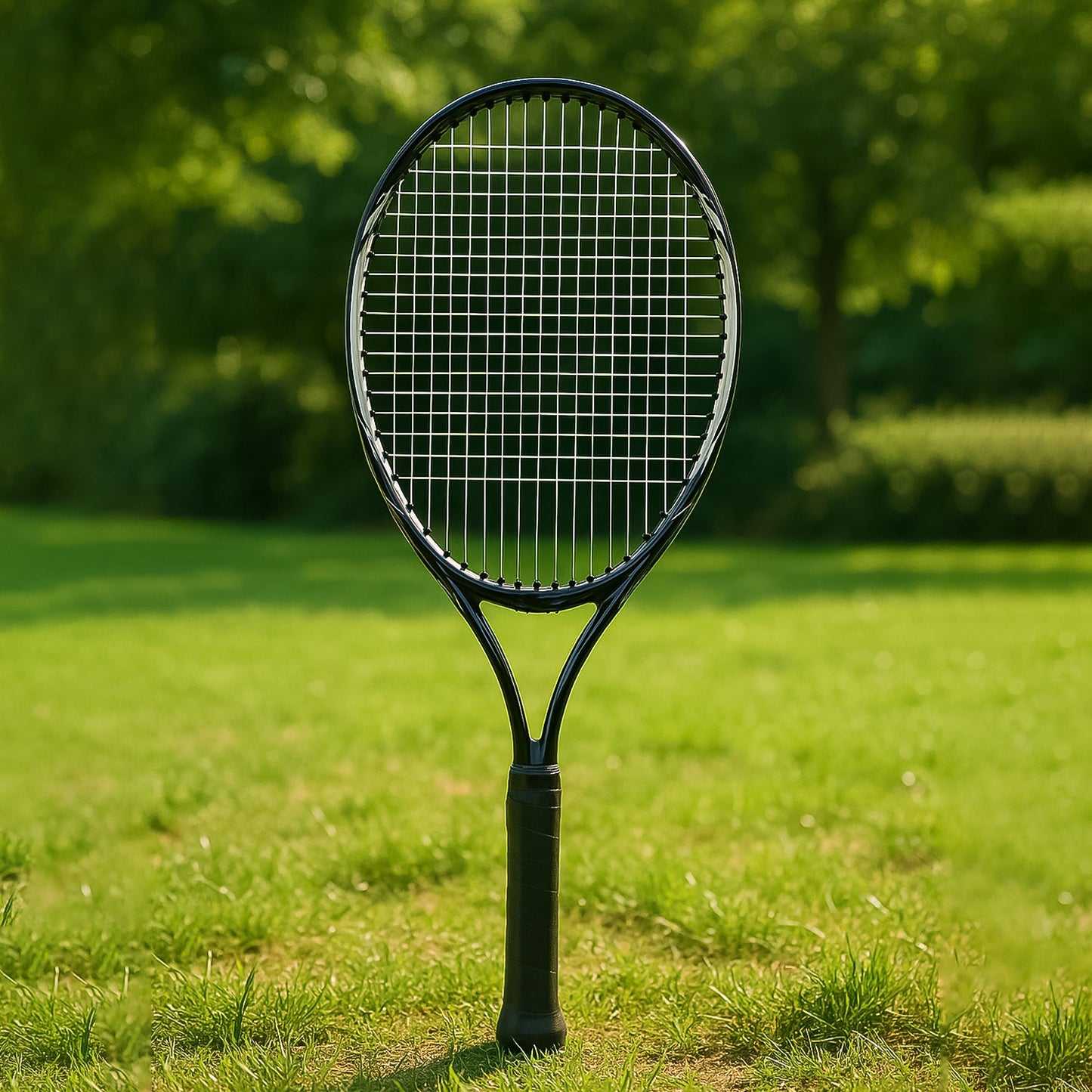 Side view of lightweight tennis racket highlighting the cushioned grip