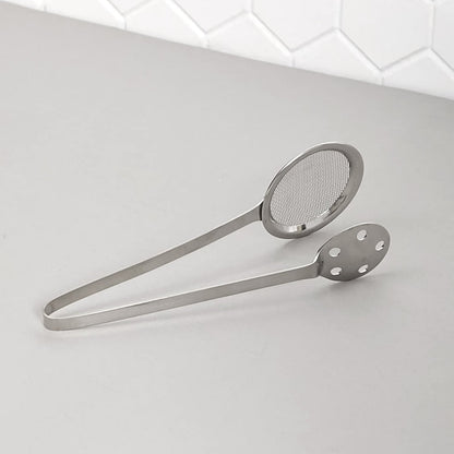 Polished steel serving tong with dual mesh and perforated sides for draining food