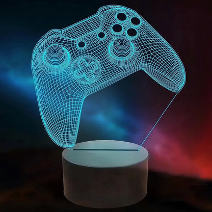 3D Illusion LED night lamp with gaming controller design illuminating in a dark room