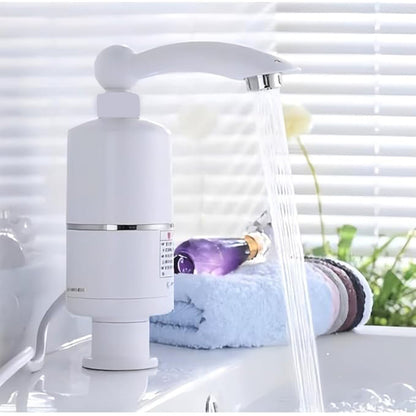 Close-up view of electric water heater faucet head with temperature control