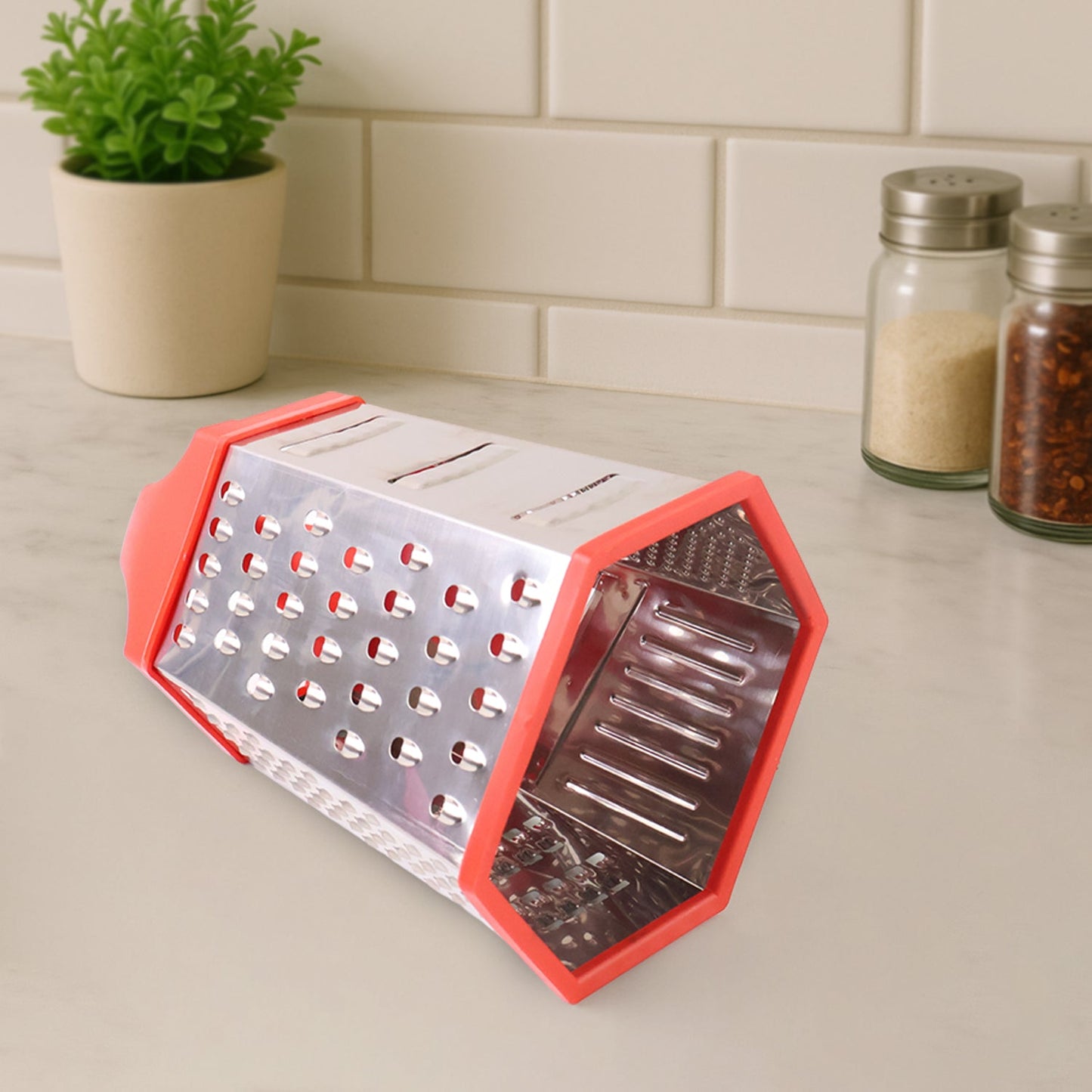 7-in-1 kitchen grater showing all sides with slicing, shredding, and zesting features