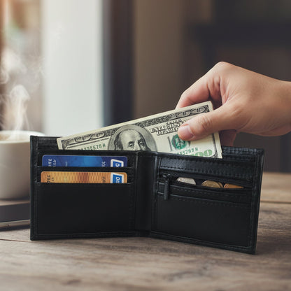 Close-up showing stitched edges and compartments of classic bi-fold wallet