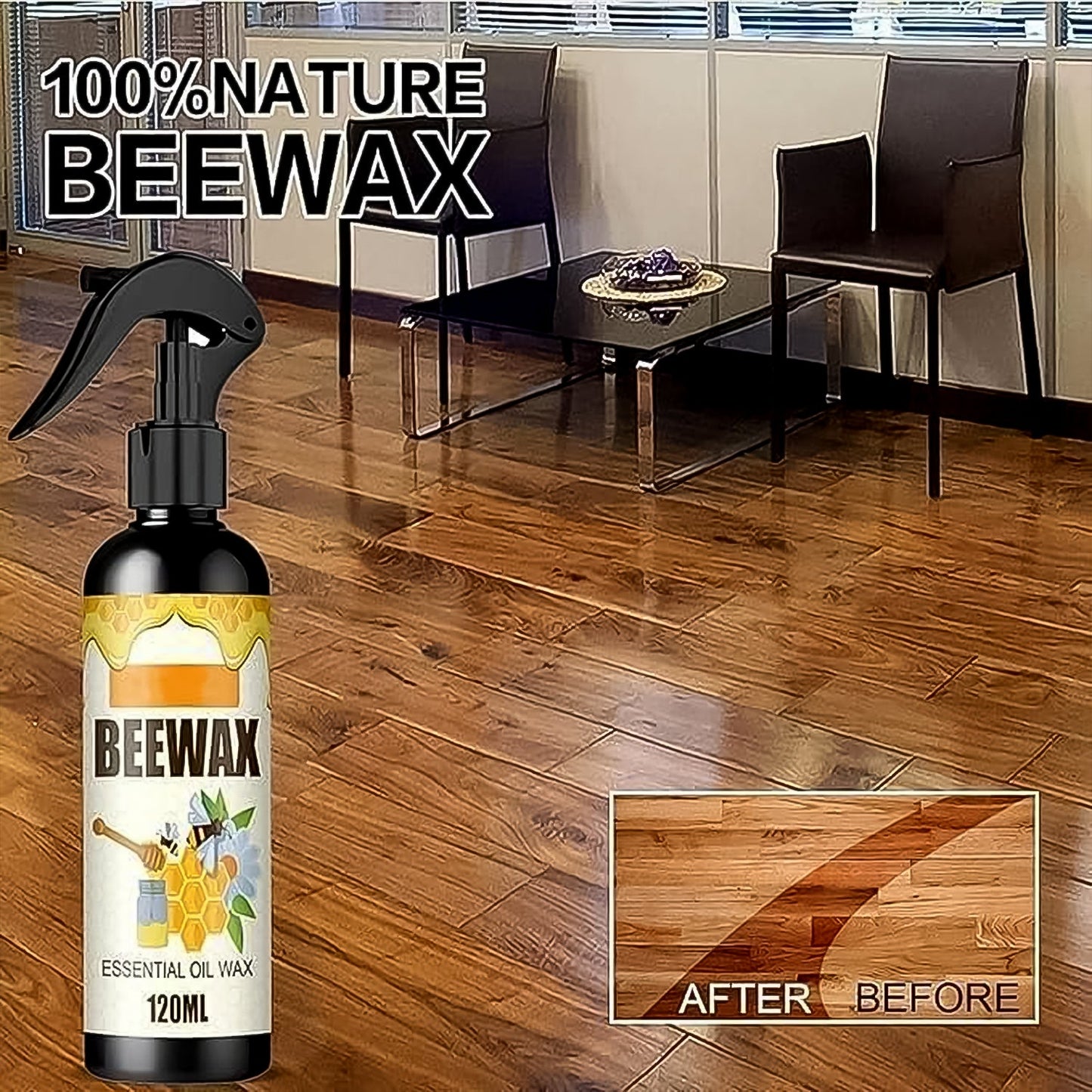 Wood polish spray used on polished wooden table