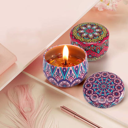 Metal candle jar featuring colorful mandala art design