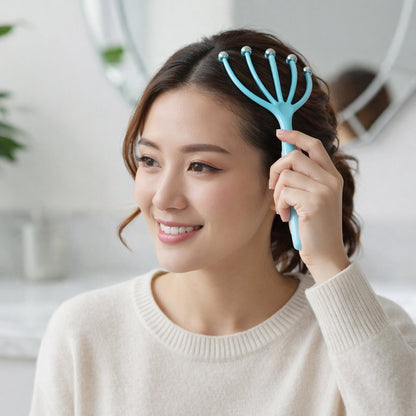 Person enjoying relaxation using five-finger scalp massager