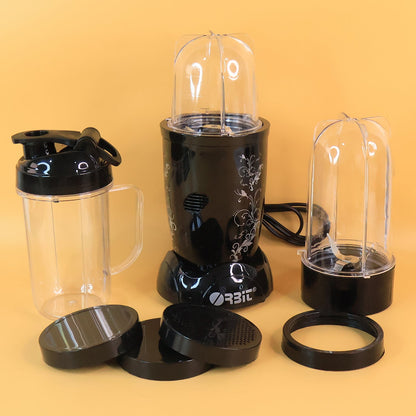 Power button and three jars of Orbit bullet mixer grinder visible