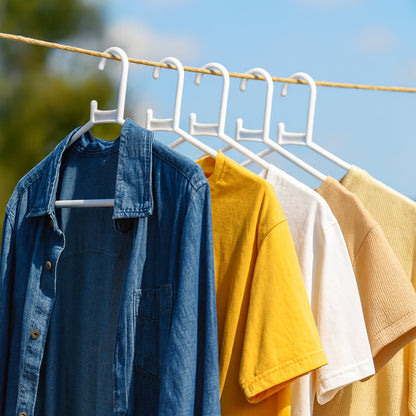 White plastic clothes hanger in practical use inside a closet