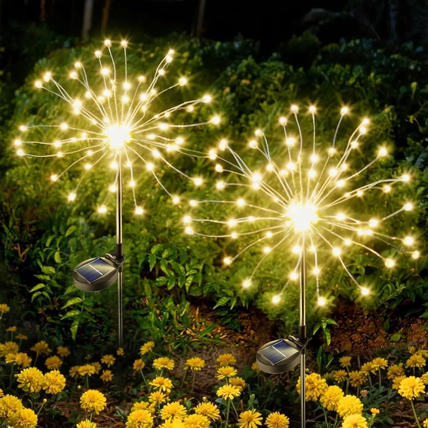 Warm white solar LED garden stake lights enhancing outdoor ambiance