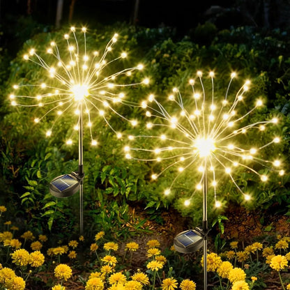 Warm white solar LED garden stake lights enhancing outdoor ambiance