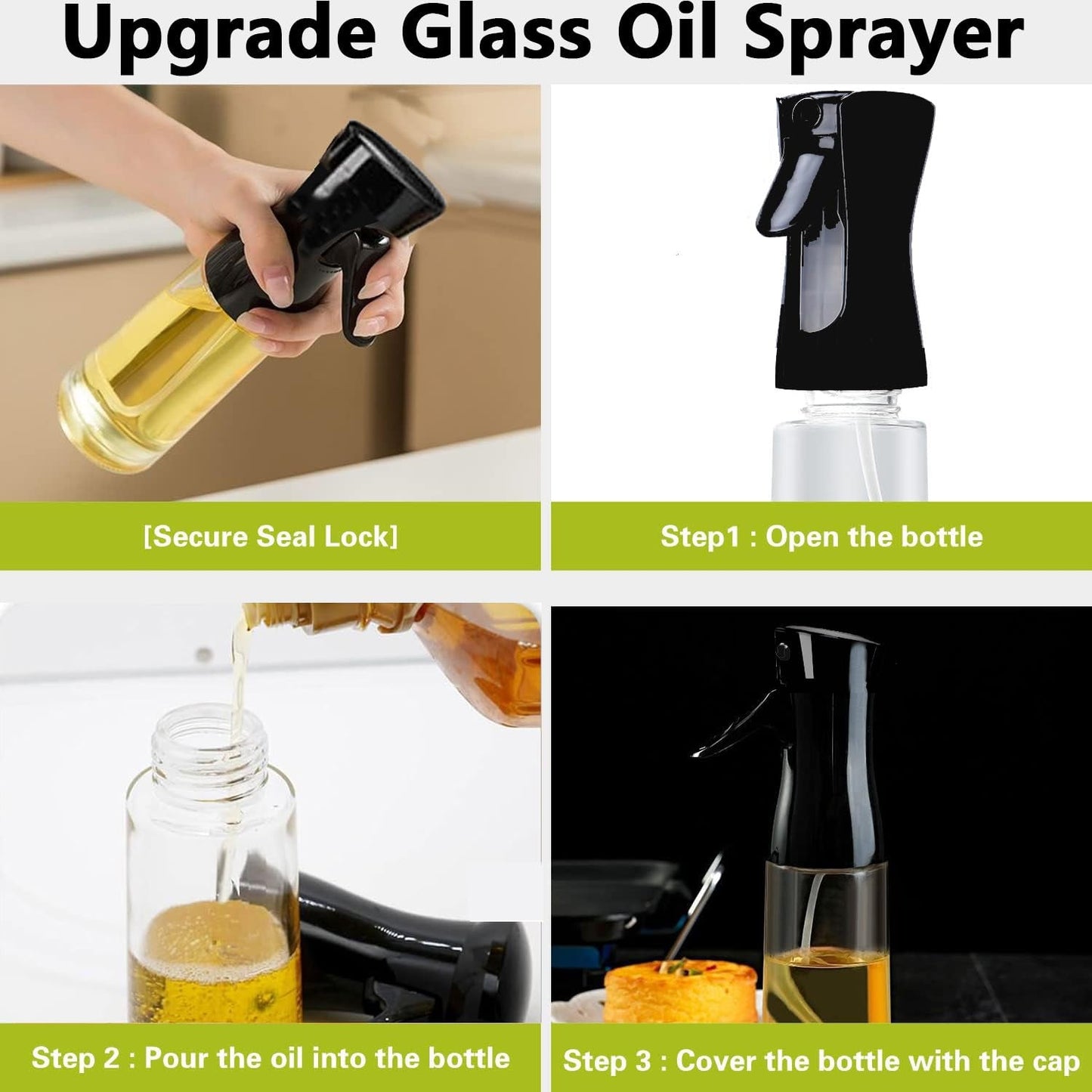 Ergonomic glass oil dispenser showing its fine mist nozzle.