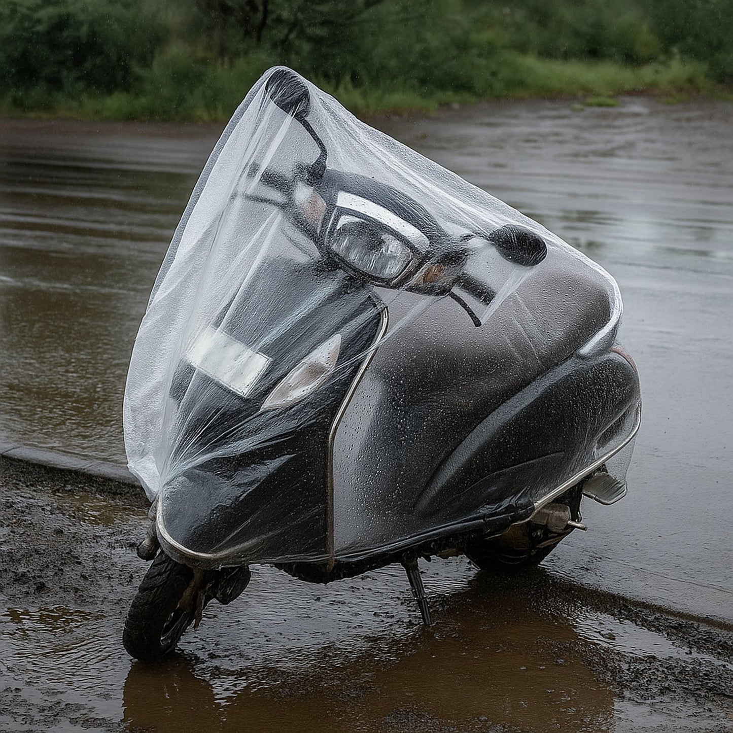 Plastic Activa cover protecting scooter from rain and dust