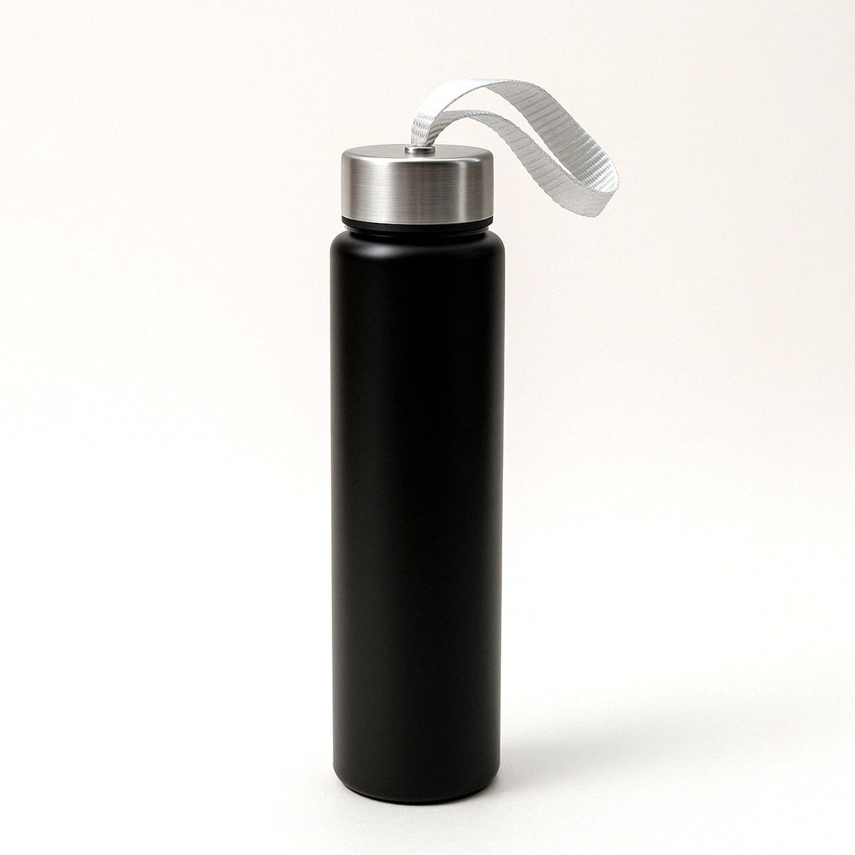 Lightweight stainless steel water bottle with attached strap for portability