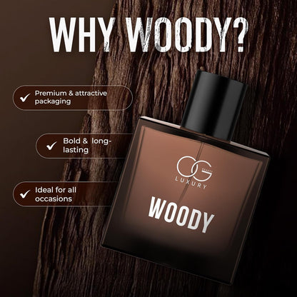 Premium Woody Eau De Parfum bottle and packaging elegantly displayed
