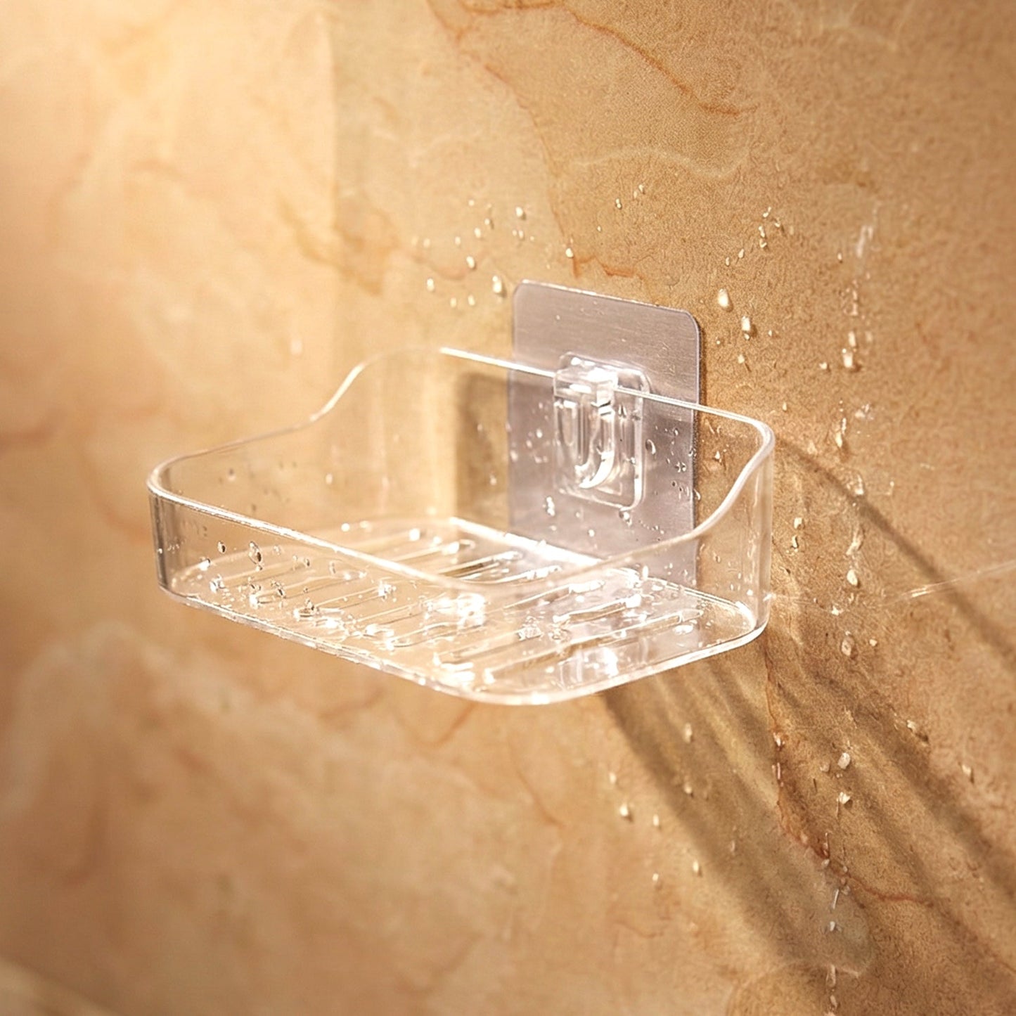 Transparent soap dish set highlighting suction cup mounting for wall installation