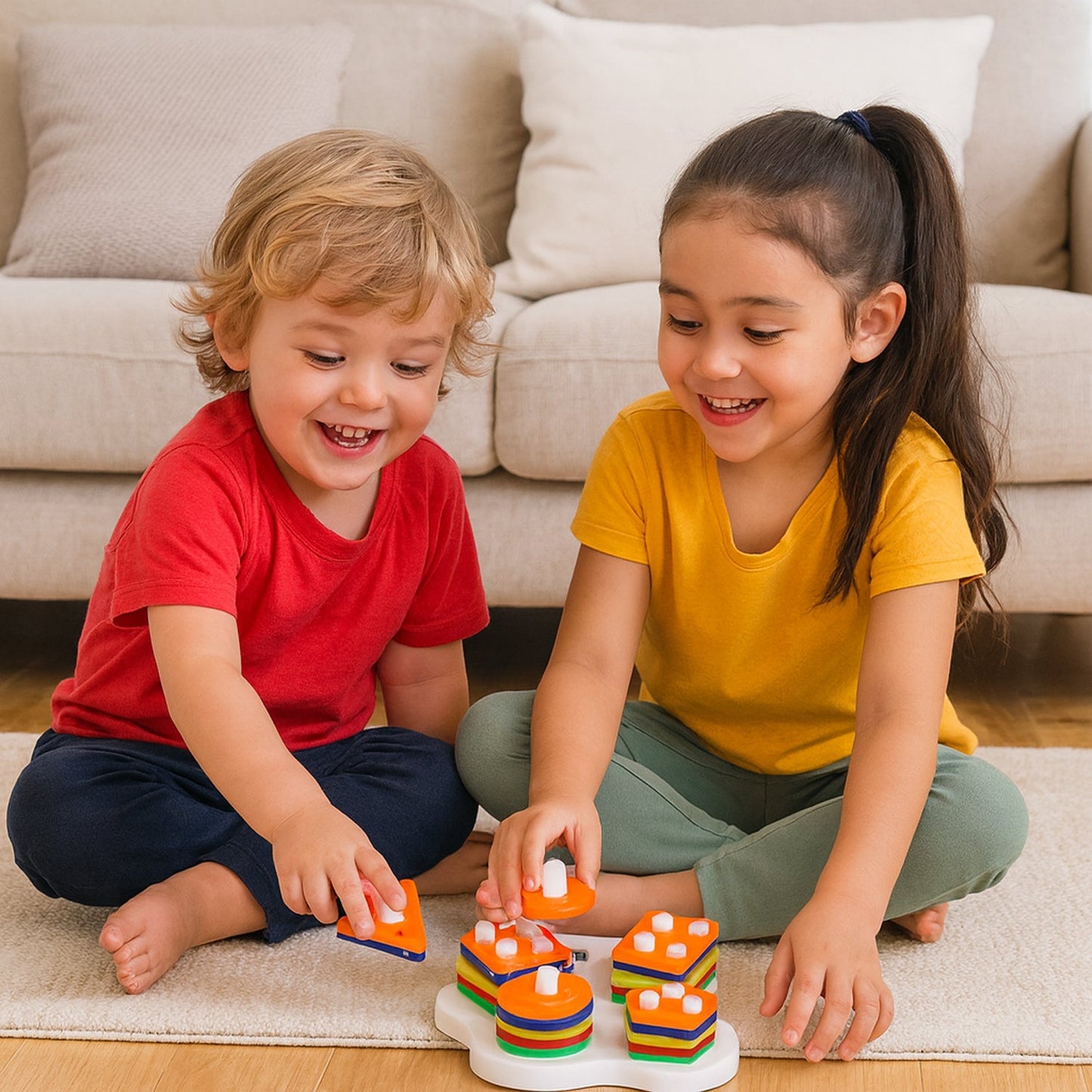 White base learning board with colorful geometric stacking shapes for toddlers