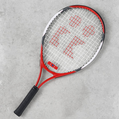 Red and black tennis racket with lightweight aluminum frame, side view