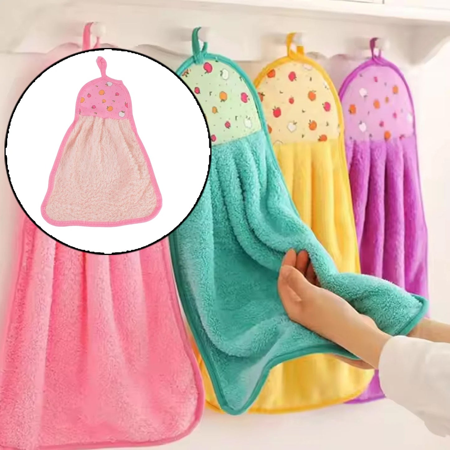 Hanging hand towel with loop on strong adhesive wall hook in bathroom