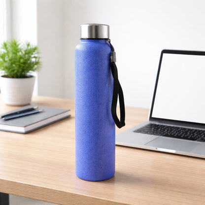 Close-up of leakproof screw cap on blue stainless steel water bottle