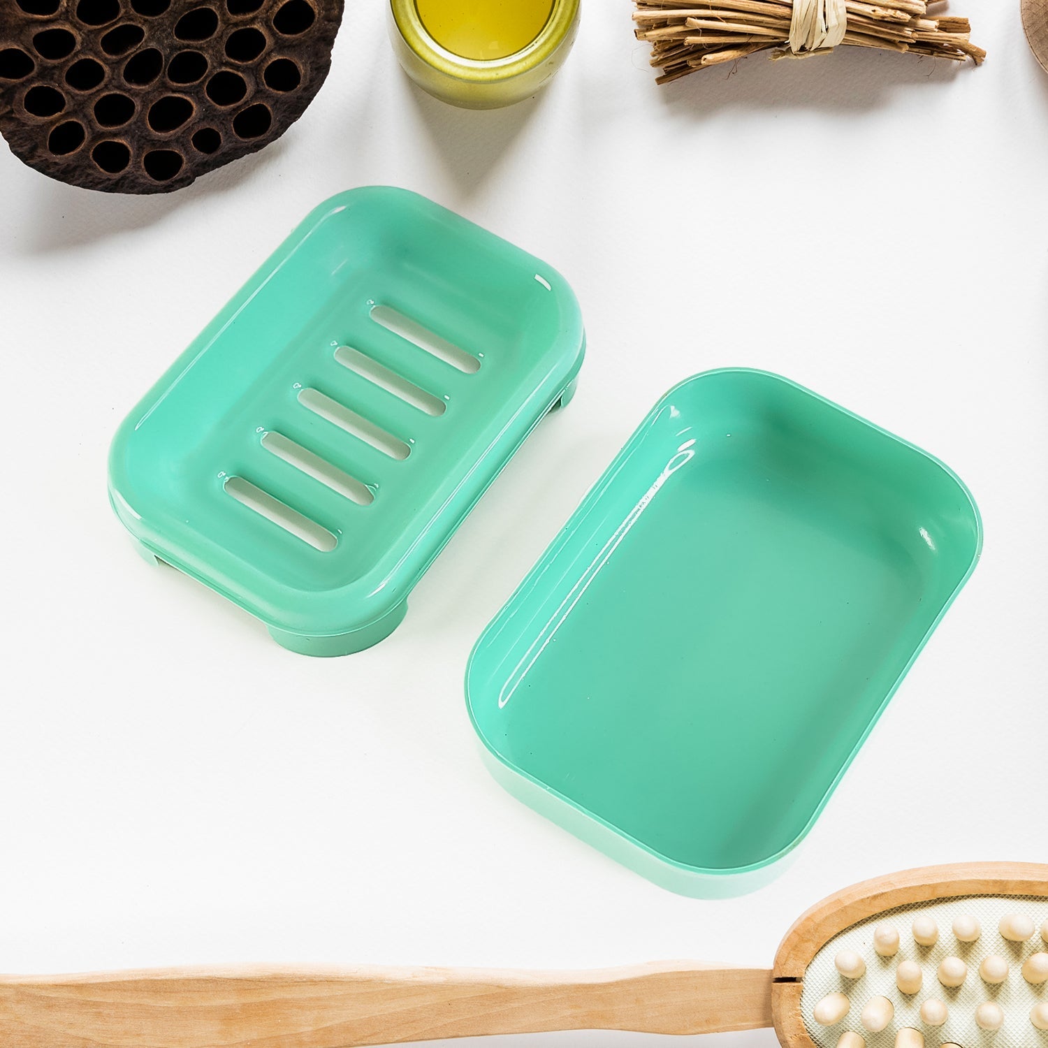Durable rectangular soap case made from BPA-free plastic in aqua green color