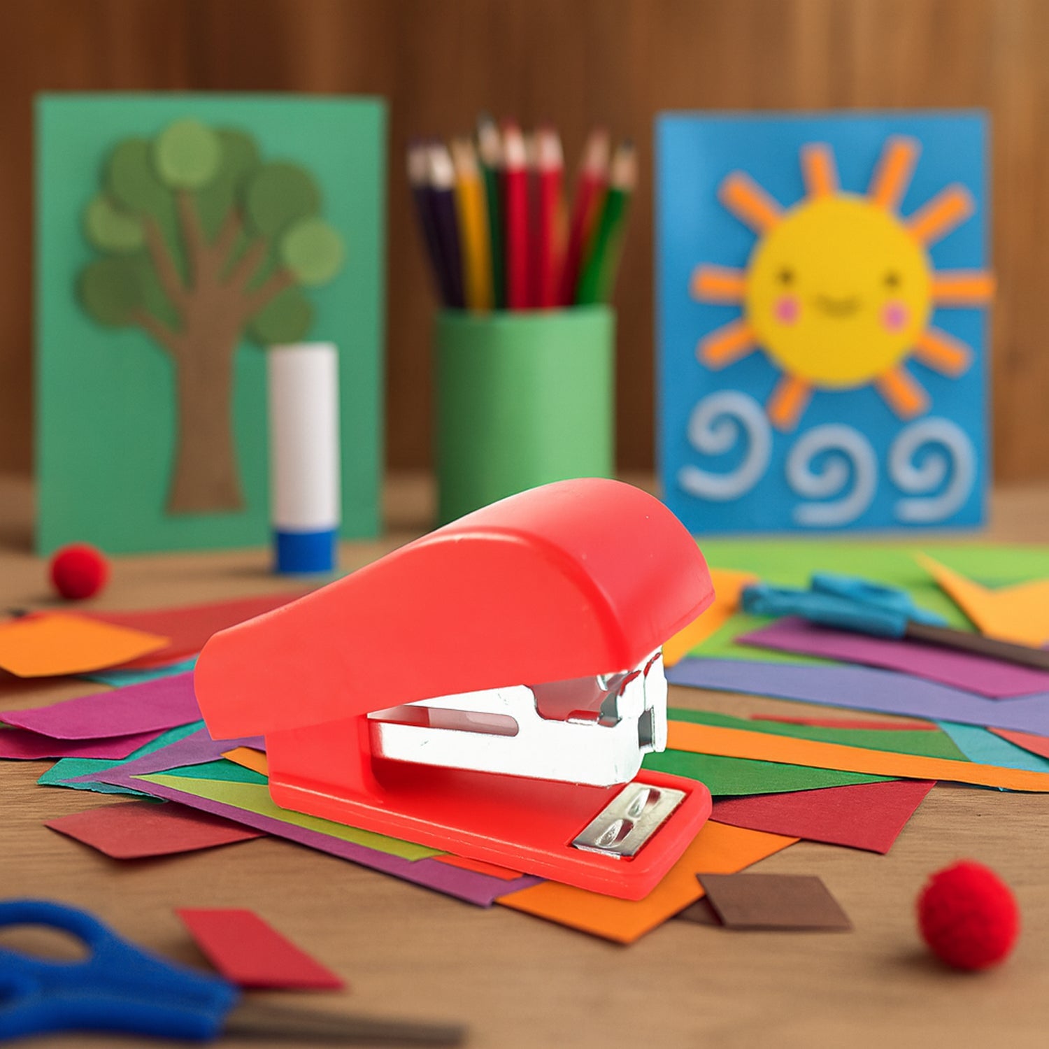 Child-friendly crafting kit tools with staples, glue, scissors, and stapler