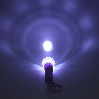 Mini LED keychain torch showing push-button switch and plastic body