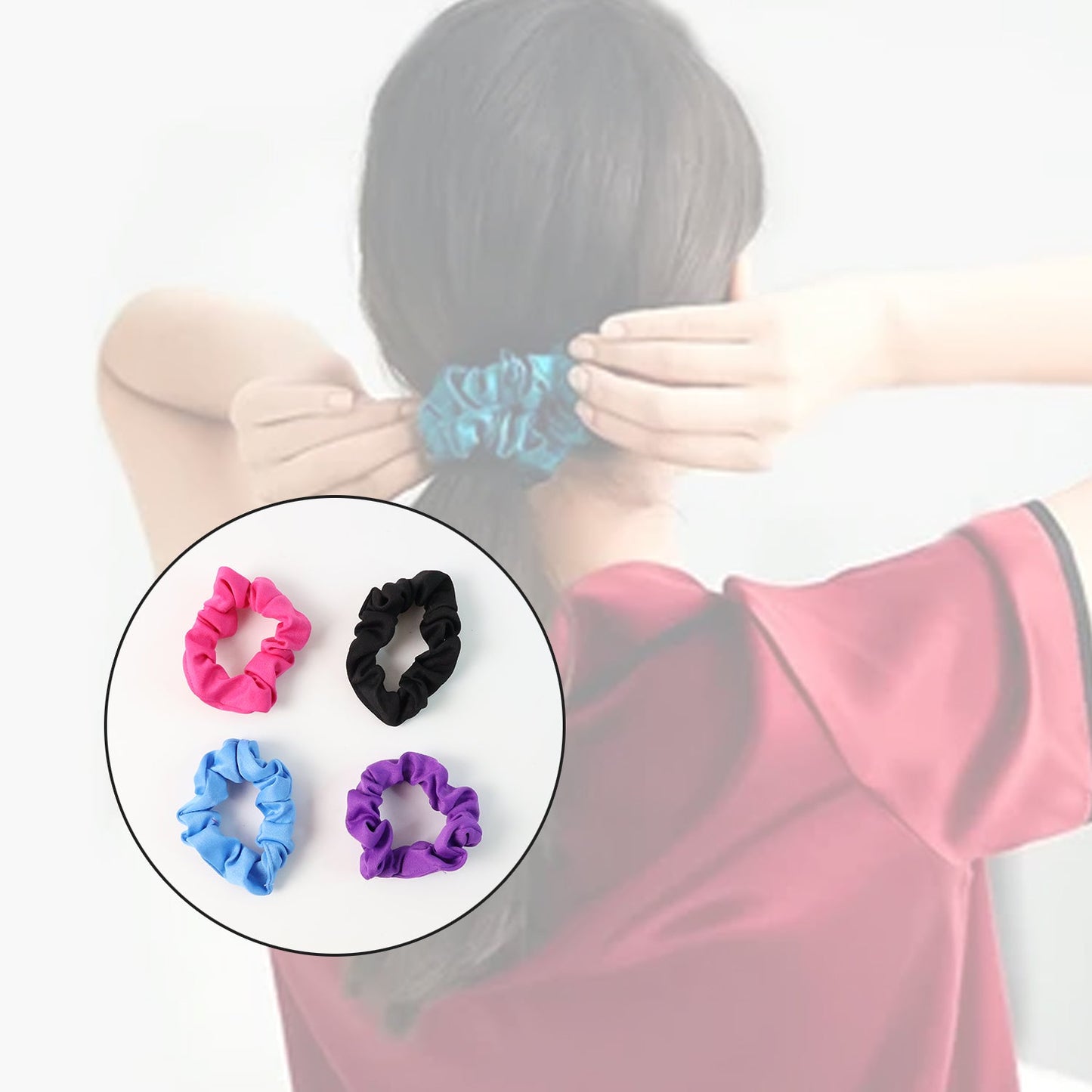 Four soft elastic hair scrunchies displayed together, showcasing the gentle fabric and robust elastic.