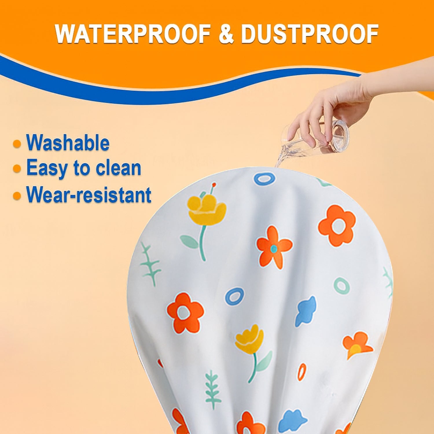 Pedestal fan covered by a flower-printed dust guard cover