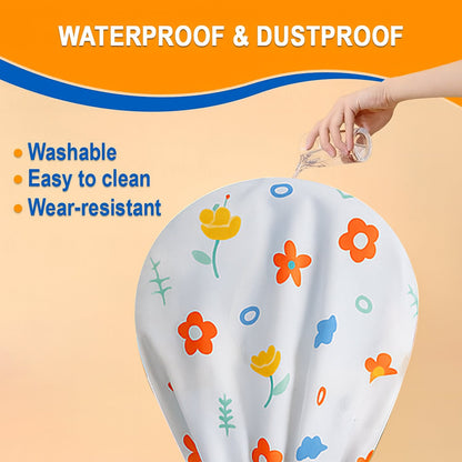 Pedestal fan covered by a flower-printed dust guard cover