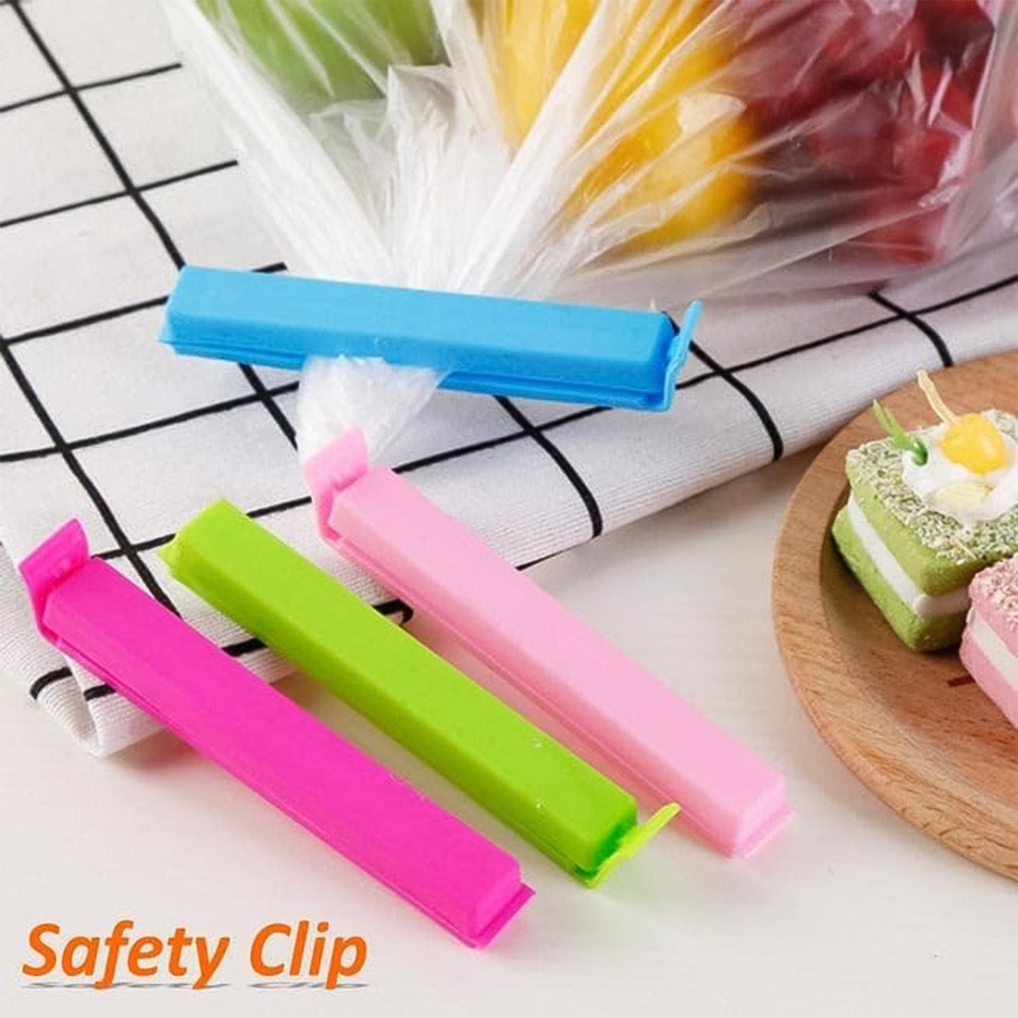 Variety of plastic sealer clips used for kitchen and food bag organization