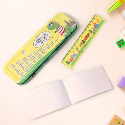 Open dinosaur pencil box revealing colorful pencils inside