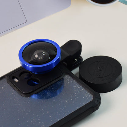 Universal smartphone selfie camera clip lens in metallic blue finish