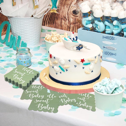 Mint green disposable paper napkins with decorative scalloped edges for baby shower