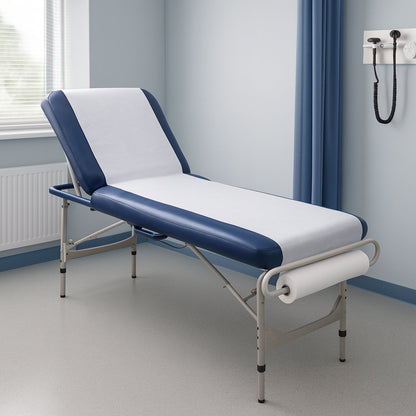 White tissue roll used as disposable covering for clinic beds