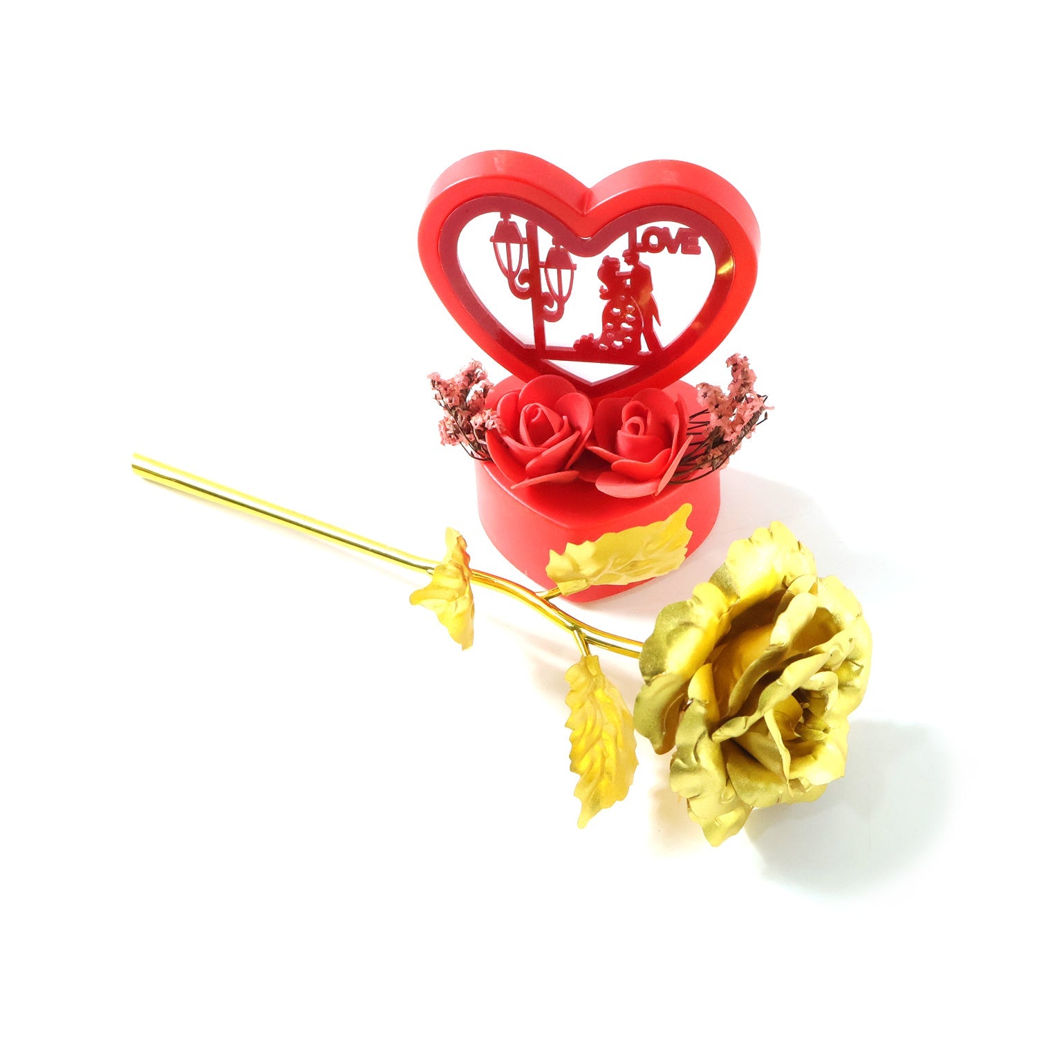 Romantic heart-shaped love décor with golden rose flower ornament