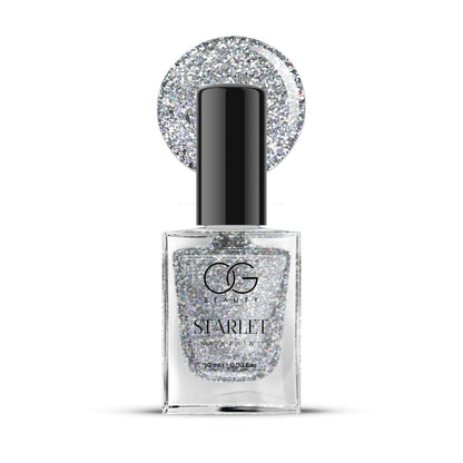 OG Beauty Starlight Silver Nail Polish showing glossy glitter nail color