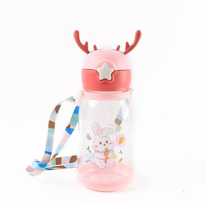 Kids cartoon themed straw sipper water bottle with detachable strap