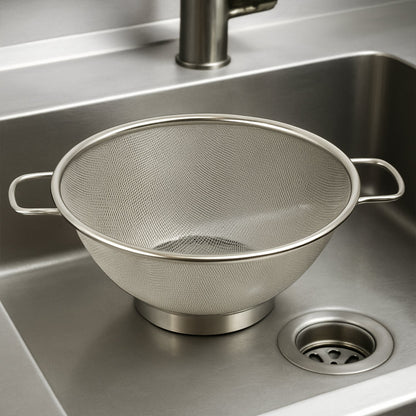 Side profile of stainless steel strainer colander with comfortable handles