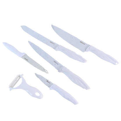 Marble look kitchen knife set with multi-use peeler included
