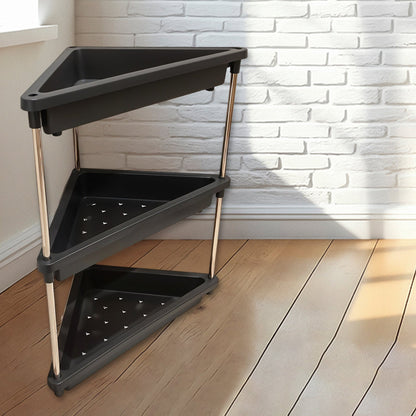 Triangular corner storage rack showing spacious plastic shelves and metal supports