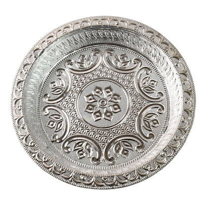 Ornamental silver finished plastic pooja thali plate for devotional use