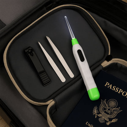Multipurpose LED earpick showing thick and thin transparent heads