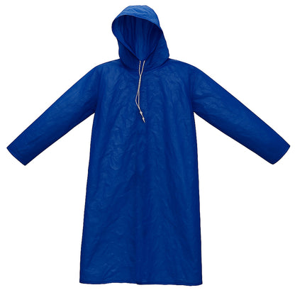 Men's blue rain jacket featuring waterproof PVC material and adjustable hood