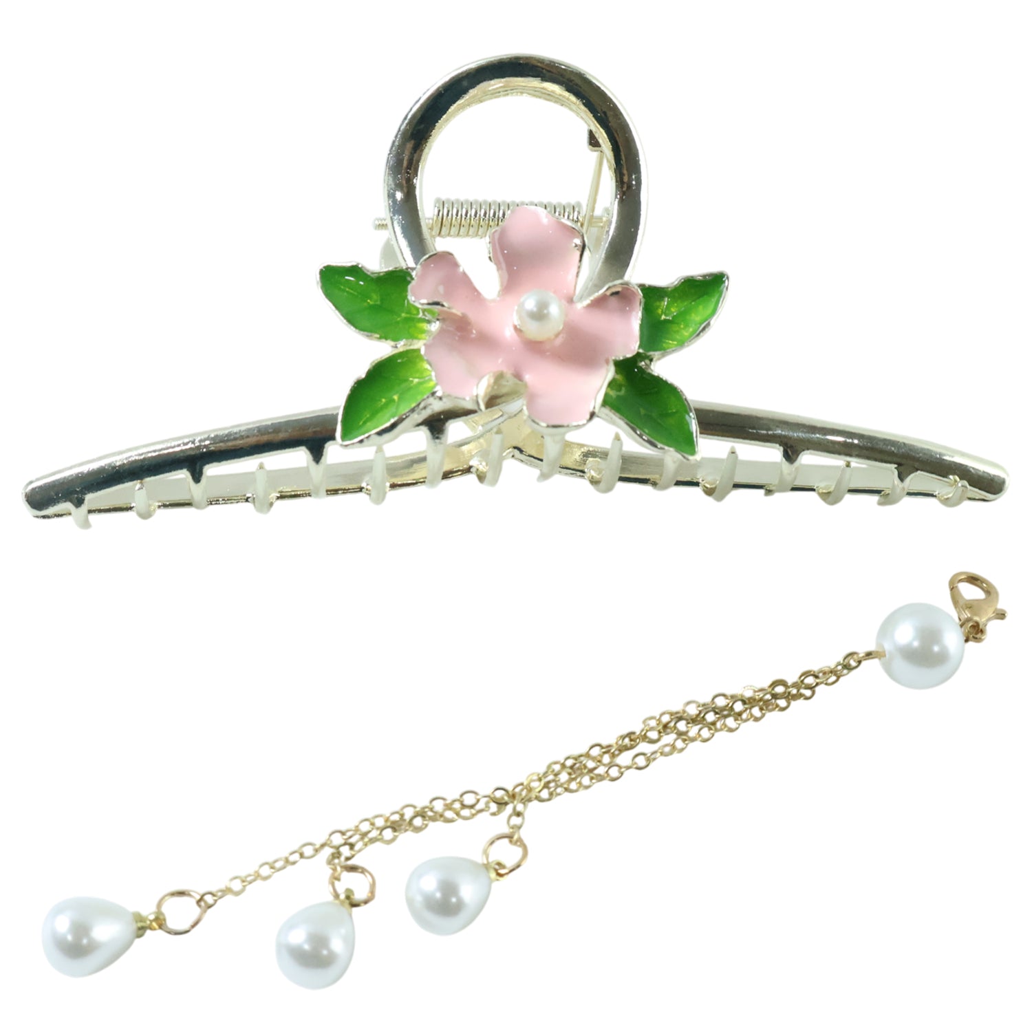 Metal spring hair claw clip featuring floral pearl design