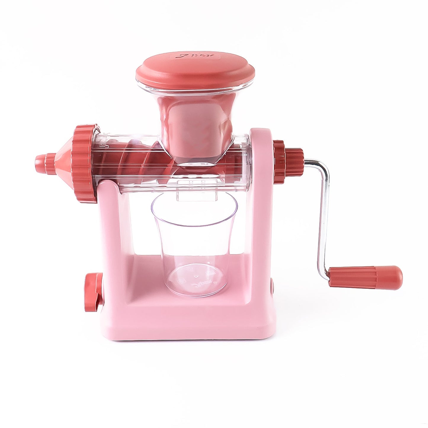 Angled view of manual juice extractor with large feeding tube