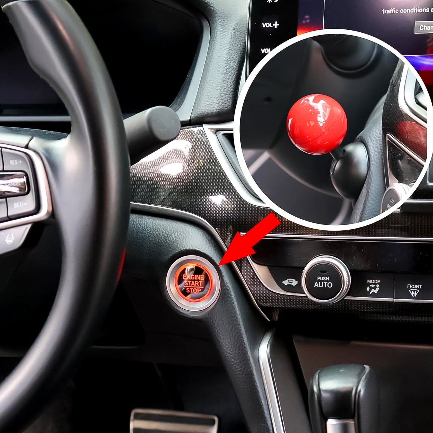 Angled view of metal alloy car push start button cover