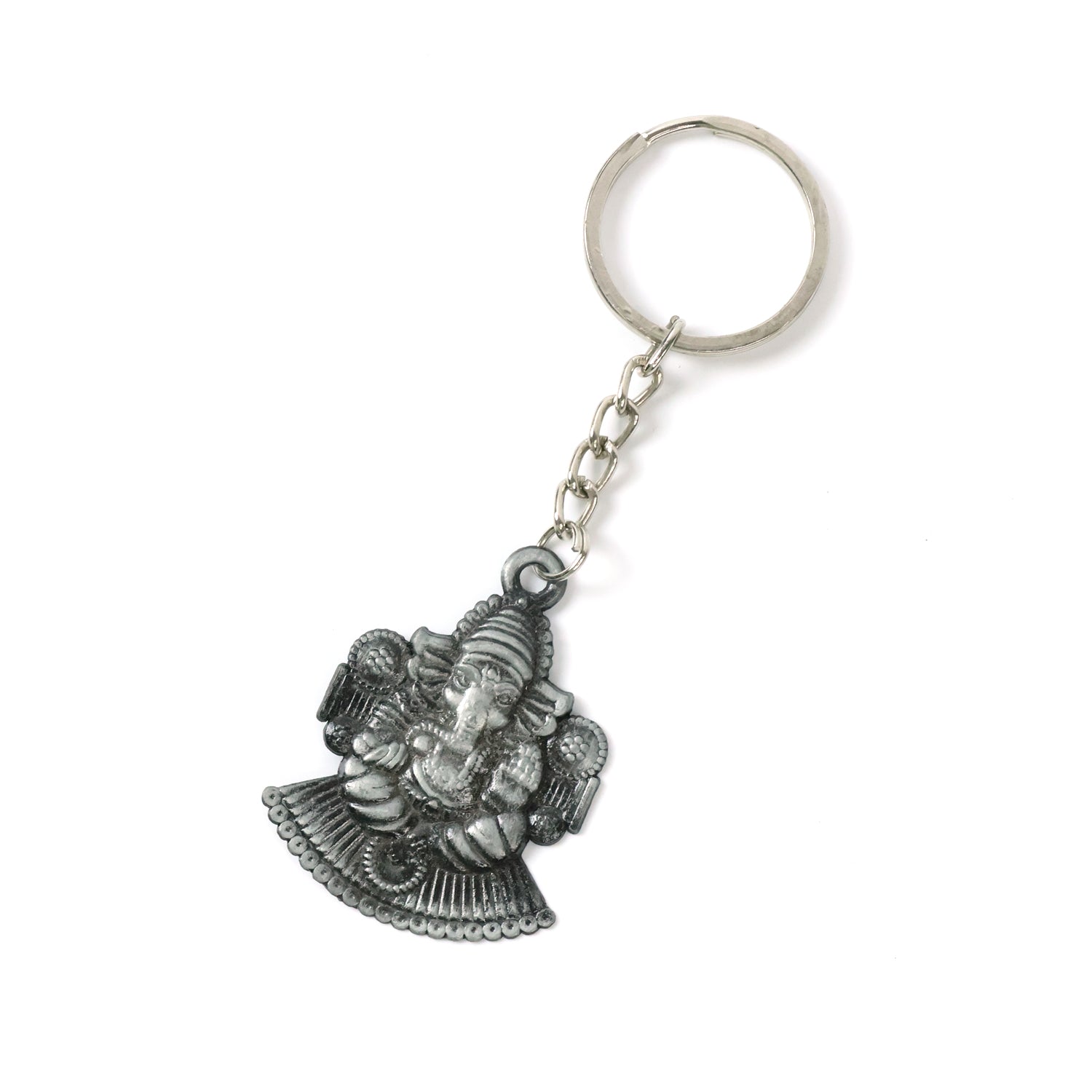 Lord Ganesha metal keychain featuring sturdy ring for attaching keys