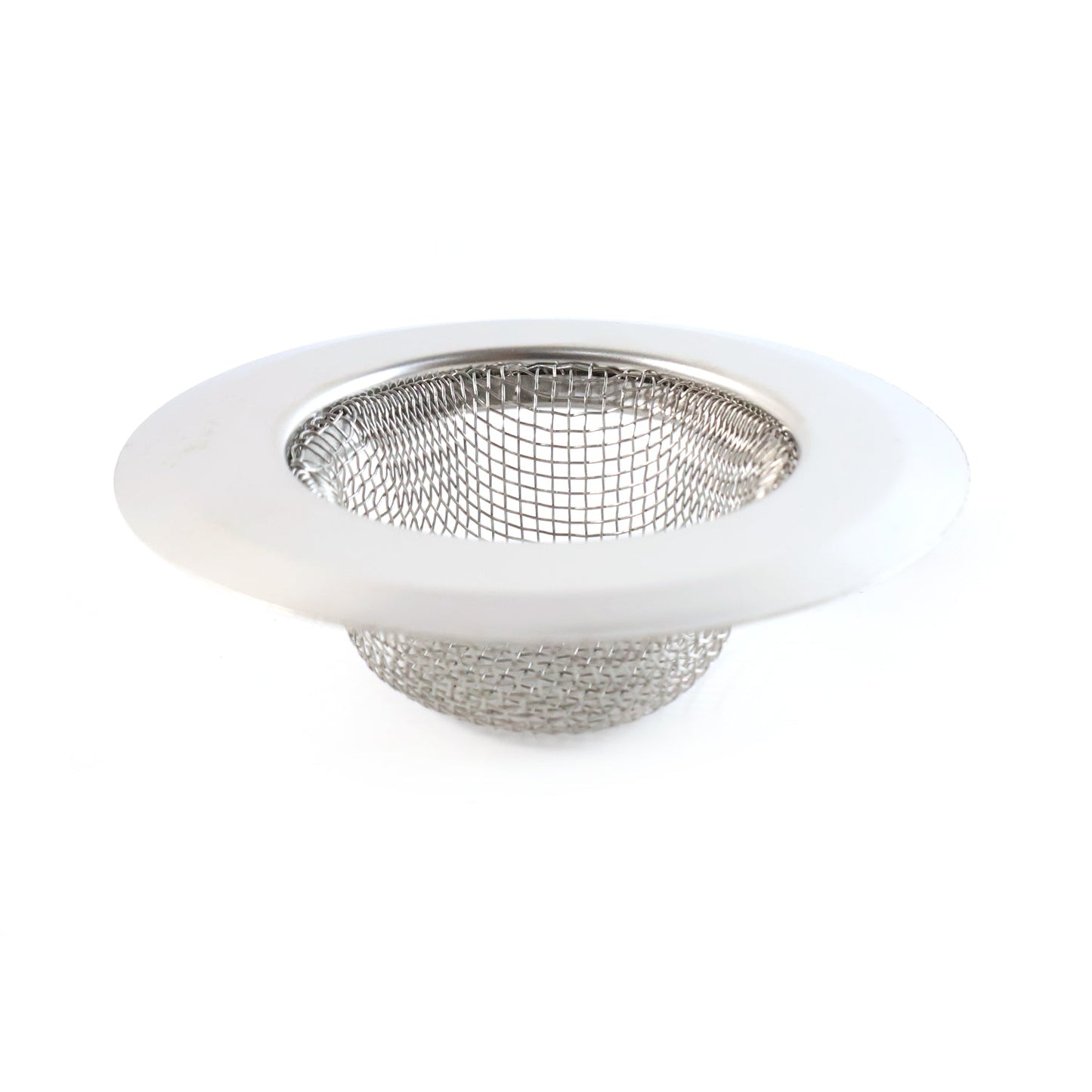 Stainless steel kitchen sink strainer filtering food particles and hair