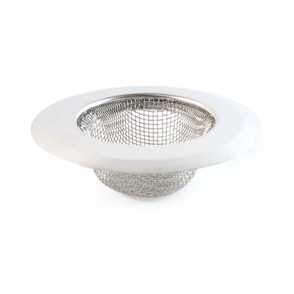 Stainless steel kitchen sink strainer filtering food particles and hair
